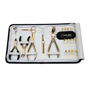 Kit d'outils pour extensions de cheveux en or pour stylistes avec micro-perles, pince à trois trous, applicateur plat, pince à sertir, ruban adhésif et ciseaux en acier inoxydable - Product Image 1
