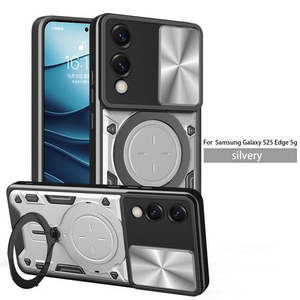 Étui Samsung Galaxy S25 Edge avec support magnétique rotatif et protection d'appareil photo, couleur argent - Product Image 1