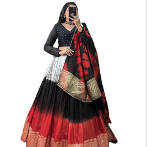 พิมพ์ชันเดอรี่และชิบอรี่บริสุทธิ์พร้อมเสื้อทํางานทอผ้า Zari ผ้าไหมเรงโกลีลีฮันก้าโชลี - Product Image 1