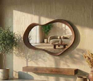 Hot Selling Premium Handmade Eco-Friendly Lightweight Art Deco Real Walnut Wooden Wall <b>Mirror</b> Asymmetrical Irregular <b>Design</b> - Product Image 5