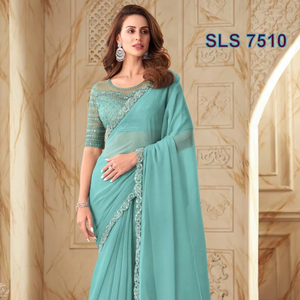 Sari en soie de créateur exclusif avec belle bordure de travail de séquence de broderie de haute qualité pour la fête de mariage porter le style pakistanais - Product Image 1
