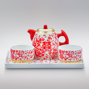Service à thé en céramique Shin Tai Yuan, sérigraphié Double Bonheur, cadeau de mariage, fabriqué à Taïwan - Product Image 1