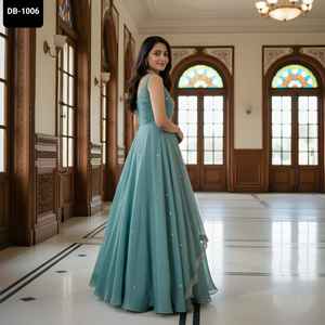 Vêtements ethniques indiens Fandy Satin matériel prêt à porter Anarkali robes avec broderie séquence Zari mariage Festival porter des robes - Product Image 5