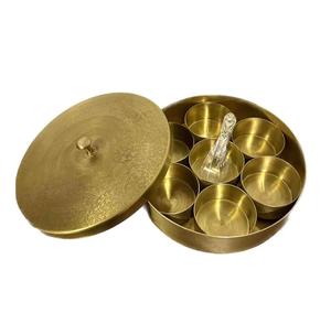 Brass <b>Masala</b> <b>Box</b> 7 Removable Containers with 1 Spoon Transparent Lid Handetched Design Spice Organizer <b>Box</b> for Kitchen - Product Image 1