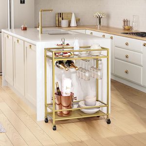Luxury 2-Tier Metal Glass Rolling Bar Cart Wheeled Serving <b>Table</b> Kitchen Room Outdoor Mall-Catering Hotel Restaurant Helper - Product Image 6