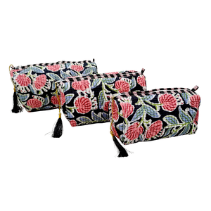 Juego de bolsas de cosméticos acolchadas con flores negras y rosas-Bold & Chic - Product Image 1