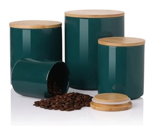 Ensemble de 3 pots de conservation en céramique avec couvercles en bambou, hermétiques, adaptés aux aliments, durables, organiseur de cuisine, rangement moderne - Product Image 1