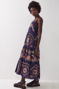 Vestido largo bohemio bordado para mujer, vestido de verano de algodón sin mangas con patrones florales étnicos - Product Image 2