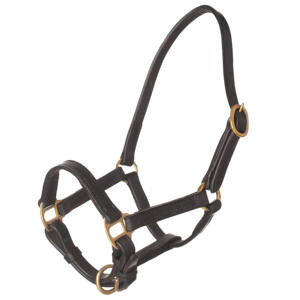 เชือกแขวนคอม้าหนังแท้สีดำพร้อมอุปกรณ์ทองเหลืองตะขอหนังเย็บด้วยมือสองชั้น - Product Image 1