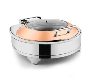 Offre Spéciale Couvercle de chauffe-plats rond en demi-verre SS Cadre en or rose 7L, Chauffe-plats rond en acier inoxydable avec couvercle en demi-verre 7L - Product Image 1