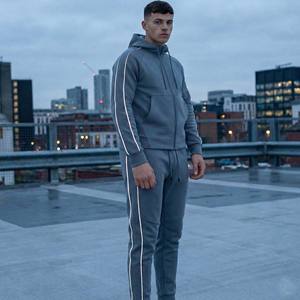 Custom Men's Slate Grey Tech Fleece Tracksuit Set 3M Reflective Piping Loose Cotton <b>Blend</b> Solid Printed Streetwear Hoodie - Product Image 2