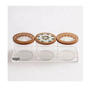 Bocaux de rangement carrés en acrylique Ramadan 2026 avec couvercles en bois et incrustations de nacre, faits à la main, hermétiques pour aliments secs - Product Image 1