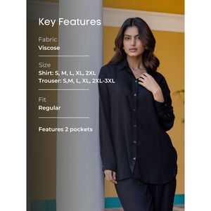 Conjunto de 2 Piezas para Mujer, Estilo Oxford Negro, Manga Larga, Corte Holgado, Casual, Primavera-Verano, Top y Pantalones, Color Sólido, Cuello Camisero, 100% Algodón - Product Image 2