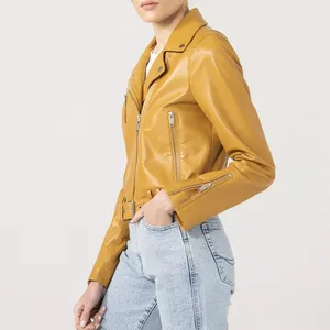 Blouson de motard en cuir véritable jaune pour femme, ceinturé à la taille, avec fermeture éclair asymétrique et revers, en peau de mouton, manteau de moto personnalisé couleur moutarde - Product Image 3