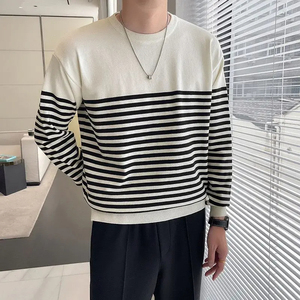 Tendance décontracté automne hiver hommes chandails col rond rayé contraste couleur coréen décontracté pulls amples - Product Image 3