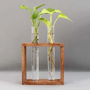 Vase en bois avec Tube en verre, Look moderne, haute qualité, décor élégant et chic, Vase à fleurs avec support en bois - Product Image 5
