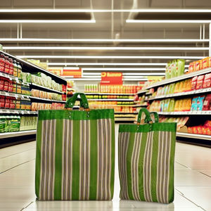 Sac à provisions en nylon réutilisable écologique avec fermeture à glissière RPET Sacs de plage en plastique recyclé à rayures tissés fabriqués en Inde - Product Image 2