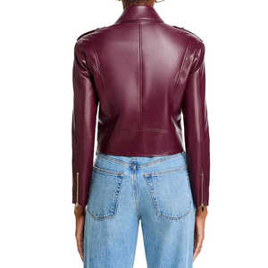 Chaqueta de motorista de cuero de oveja genuino púrpura más vendida para mujer, venta al por mayor, abrigos de cuero corto de estilo italiano para damas - Product Image 3