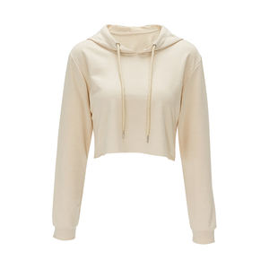 Sudadera con capucha recortada personalizada de alta calidad para mujer Top de lana de color tostado sólido de manga larga con Sudadera con capucha con cordón - Product Image 1
