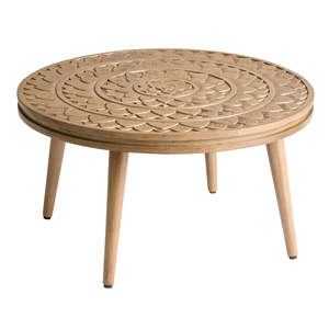 Mesa de centro Tasili hecha de madera maciza de caoba con tallado floral de calidad y acabado natural para interiores o exteriores. - Product Image 6