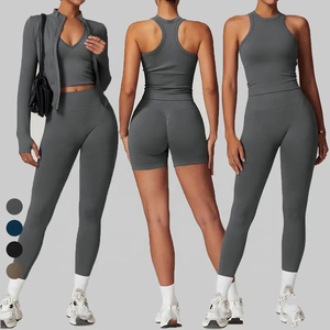 Venta al por mayor Active Wear Tennis Gym Fitness Conjunto de 3 piezas Sujetador deportivo Leggings Chaqueta Cintura alta Transpirable Secado rápido Logotipo frontal - Product Image 1
