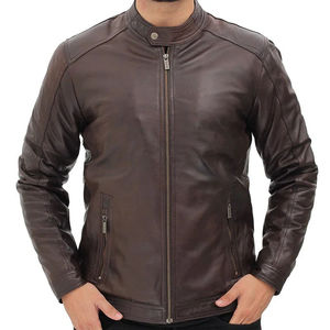 Veste de motard élégante pour homme en cuir marron, design classique de motard, col montant, personnalisable OEM, fermeture à ceinture en cuir véritable, tailles personnalisées - Product Image 5