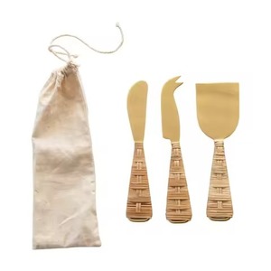 3 Pcs Manche en osier et acier inoxydable avec couteaux à fromage plaqués or Cutter Loop Handle Cheese Knife Set - Product Image 1