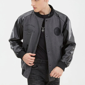 Custom Branded Custom Clothing Manufacturers OEM Design Embroidery Chenille Grey Color Black Leather <b>Arms</b> Varsity Jacket - Product Image 1