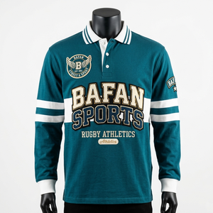 T-shirt de rugby pour homme, tissu en coton mélangé de haute qualité, couleur turquoise, panneau rayé, logo brodé personnalisé, polos de rugby pour homme - Product Image 1