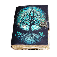 Carnet de notes en cuir véritable fait main 7x5, motif livre de sorts imprimé avec Arbre de Vie et phases lunaires, journal de voyage, cadeau pour femmes, écrivaines, et remise de diplôme