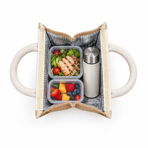 Bolsa térmica para el almuerzo de lona natural, 10 x 10.5 x 5.5 pulgadas, 310 GSM, aislada, reutilizable, con logo personalizado. - Product Image 6