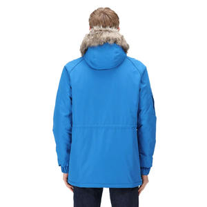 Parka de invierno personalizada para hombre, chaquetas azules de longitud larga con piel en capucha, cuello levantado y grosor fino a la venta - Product Image 2