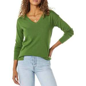 Womens Cotton V-Neck Sweater Long Sleeve, Breathable & Quick-Dry, Solid Green Color - Product Image 1