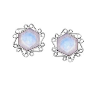 Handmade 925 Sterling Silver <b>Fine</b> <b>Stud</b> <b>Earrings</b> Cute Style Hexagon Rainbow Moonstone Bezel Setting Gemstone Jewelry Engagement - Product Image 5