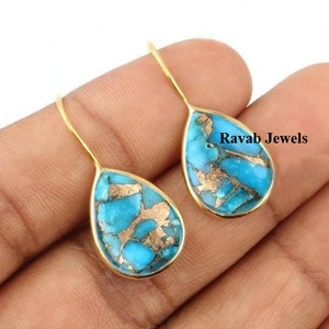 Good Quality Natural Blue Copper Kingman Turquoise Gemstone 925 Sterling <b>Silver</b> Fine <b>Hoop</b> <b>Earrings</b> for Ladies 12x16mm Pear Shape - Product Image 2