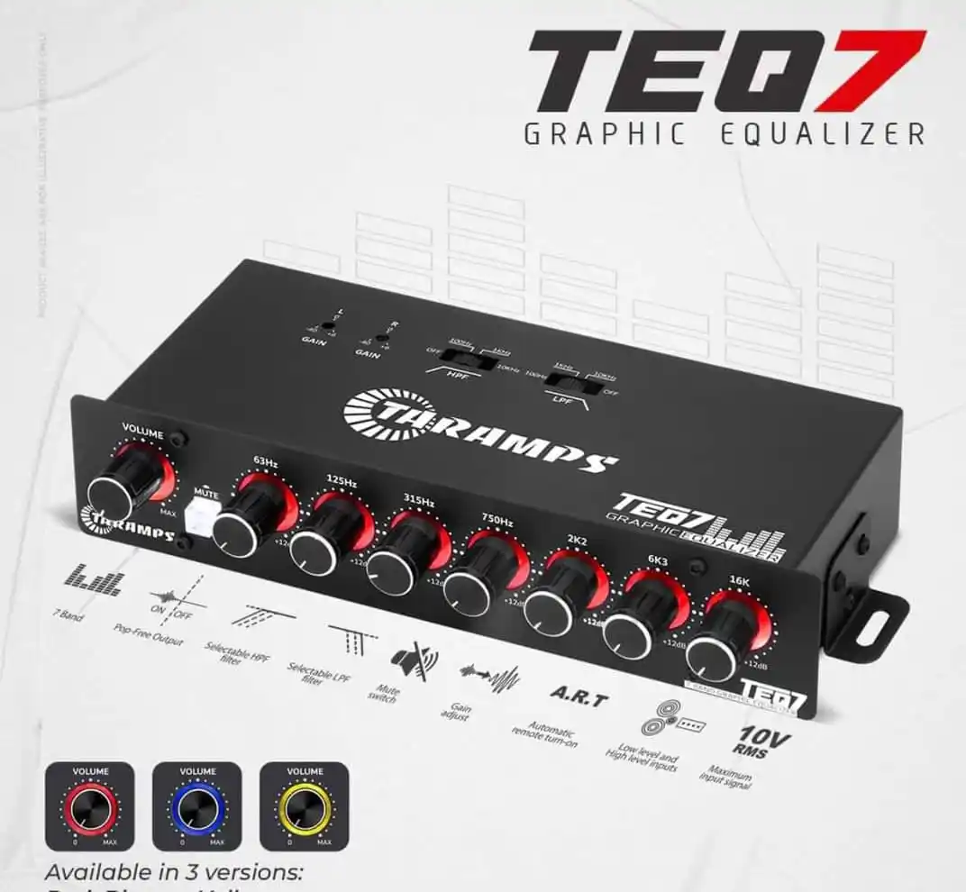 Taramps TEQ 7 Égaliseur graphique stéréo à 7 bandes Entrée RCA 2 canaux Filtres HPF et LPF Fonction muette Égaliseur audio de voiture EQ