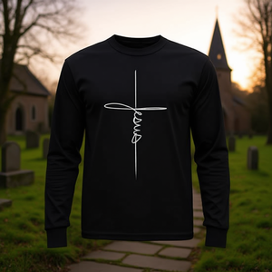 Camiseta Promocional de Manga Larga con Arte Abstracto de Cruz de Jesús Escrita a Mano en Cursiva - Product Image 3