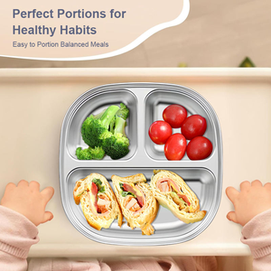 Ensemble d'alimentation en silicone pour enfants : bol en acier inoxydable à double paroi sans BPA avec ventouse et <span class=keywords><strong>assiette</strong></span> compartimentée - Product Image 2