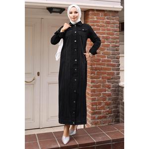 Abrigo vaquero negro modesto con detalles de botones para mujer Mega Merchant 6122, estilo trench para uso diario - Product Image 1