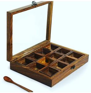 Boîte à épices en bois faite à la main de qualité supérieure pour organiser un magasin de masalas ou d'herbes indiennes disponible chez Wholesale Supply - Product Image 4