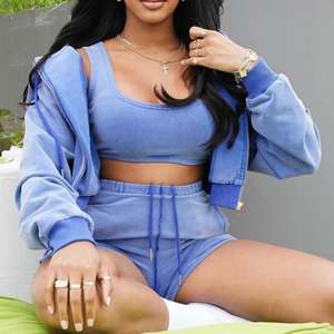 Top corto personalizado de color azul para mujer, chaleco con capucha y cremallera, corto conjunto, ropa deportiva larga de algodón para tallas grandes, conjunto de 2 piezas de invierno - Product Image 2