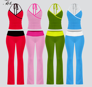 Vêtements de détente pour femmes Ensemble pour grandes filles avec logo personnalisé Pantalon évasé doux pour femmes Ensemble 3 pièces de yoga Ensemble de détente pour femmes - Product Image 2