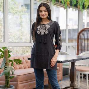 High Quality Cotton Embroidery Short Top for <b>Women</b> with Durable Stitching Embossed <b>Kurta</b> Tunic - Product Image 3