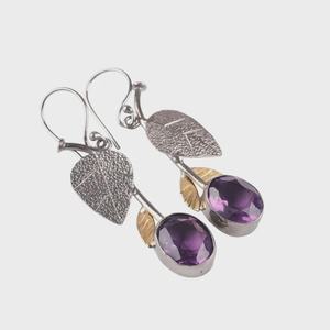 Boucles d'oreilles en feuille d'améthyste, en argent sterling fait à la main, bijoux à deux tons, cadeau élégant pour les femmes, style bohème - Product Image 3