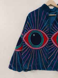 Veste en velours Suzani œil porte-bonheur faite à la main, réversible, écologique, à manches courtes, pour l'hiver, avec protection spirituelle - Product Image 2