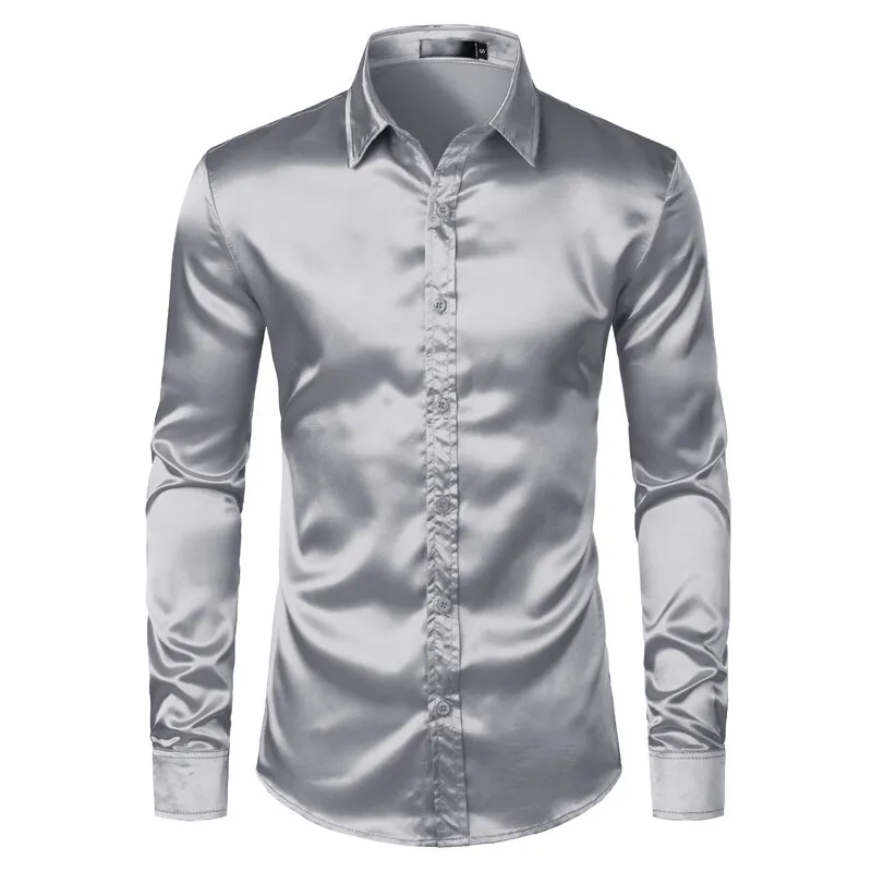 Plus size S-XXL Men Shirt Silk Satin Smooth Men Solid Tuxedo Business Shirt Men Casual Slim Fit Shiny Gold Wedding Dress Shirts