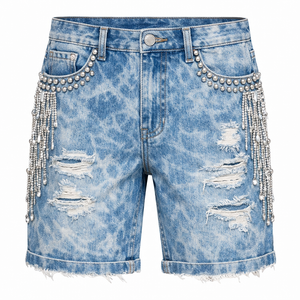 Pantalones Cortos de Mezclilla Personalizados para Hombre, Estilo Urbano Y2K, Corte Recto Regular, Casuales de Verano, con Cremalleras, Lavado Vintage, Bordados - Product Image 1