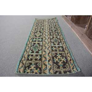 Alfombra Pequeña Vintage de 1.6x4.7 pies, Alfombra Turca, Alfombra Azul con Diseño Floral - Product Image 2