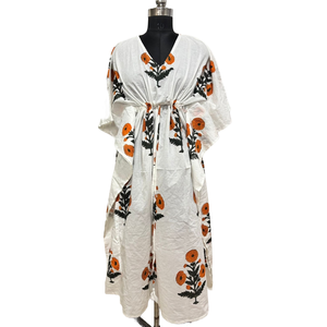 ชุดเดรสยาวพิมพ์ลายบล็อกสไตล์คาฟตัน ระบายอากาศได้ดี ลายดอกไม้  สำหรับผู้หญิง ฟรีไซส์ ดีไซน์ ODM - Product Image 1