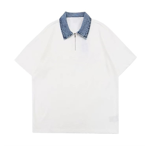 Camisa Blanca de Manga Corta para Hombre, Cuello Vaquero, Cierre de Cremallera, Informal, de Algodón Dobby, con Bolsillo, Corte Regular, Color Sólido, Antiencogimiento - Product Image 1